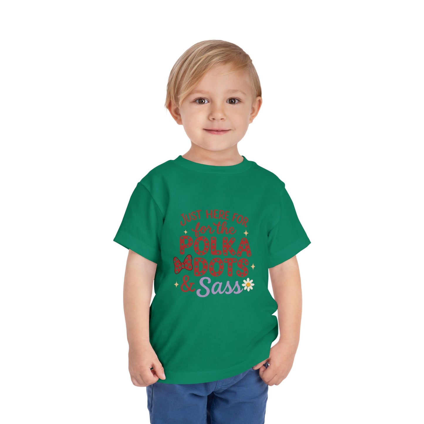 Just Here for the Polka Dots, Sass Shirt - Subtle Disney Inspired Girls Tee - Minnie Bow Shirt for Toddlers, Kids - Magical Park Outfit