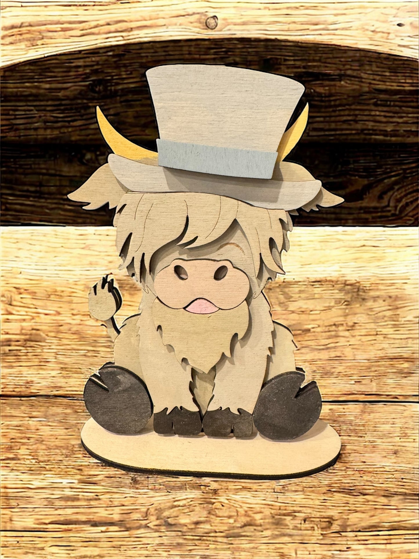 Handcrafted Wooden Highland Cows – Guinness, Stella & Tequila