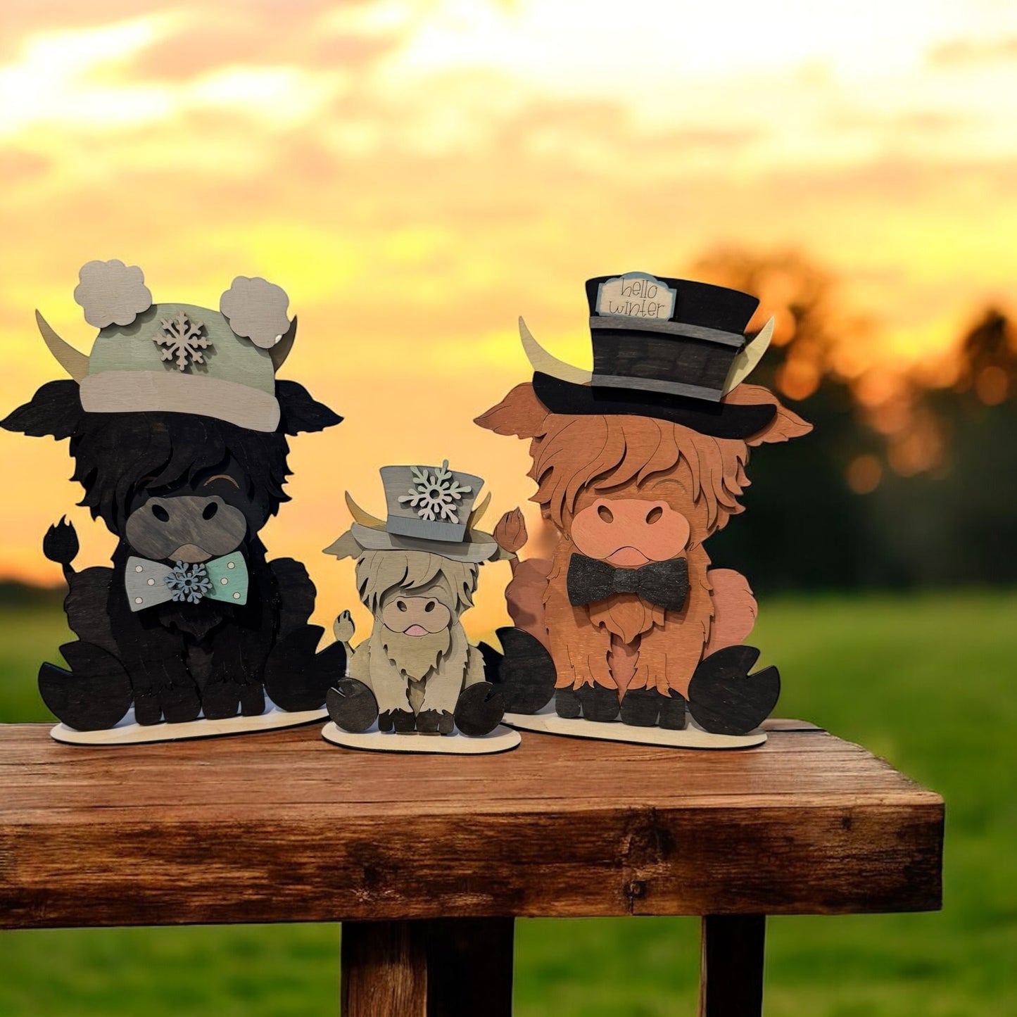 Handcrafted Wooden Highland Cows – Guinness, Stella & Tequila